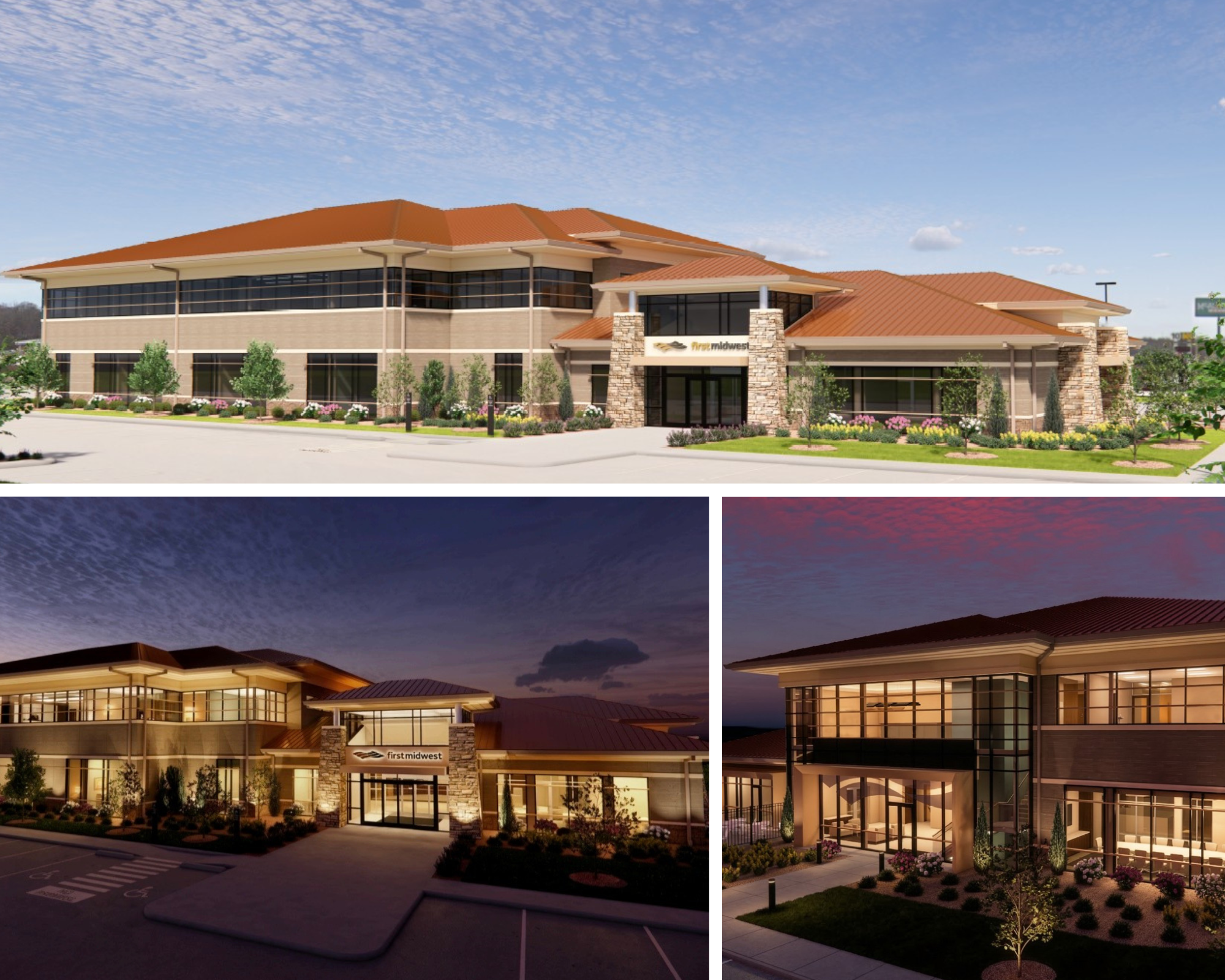 Collage of 3 exterior renderings for new First Midwest Bank headquarters. 